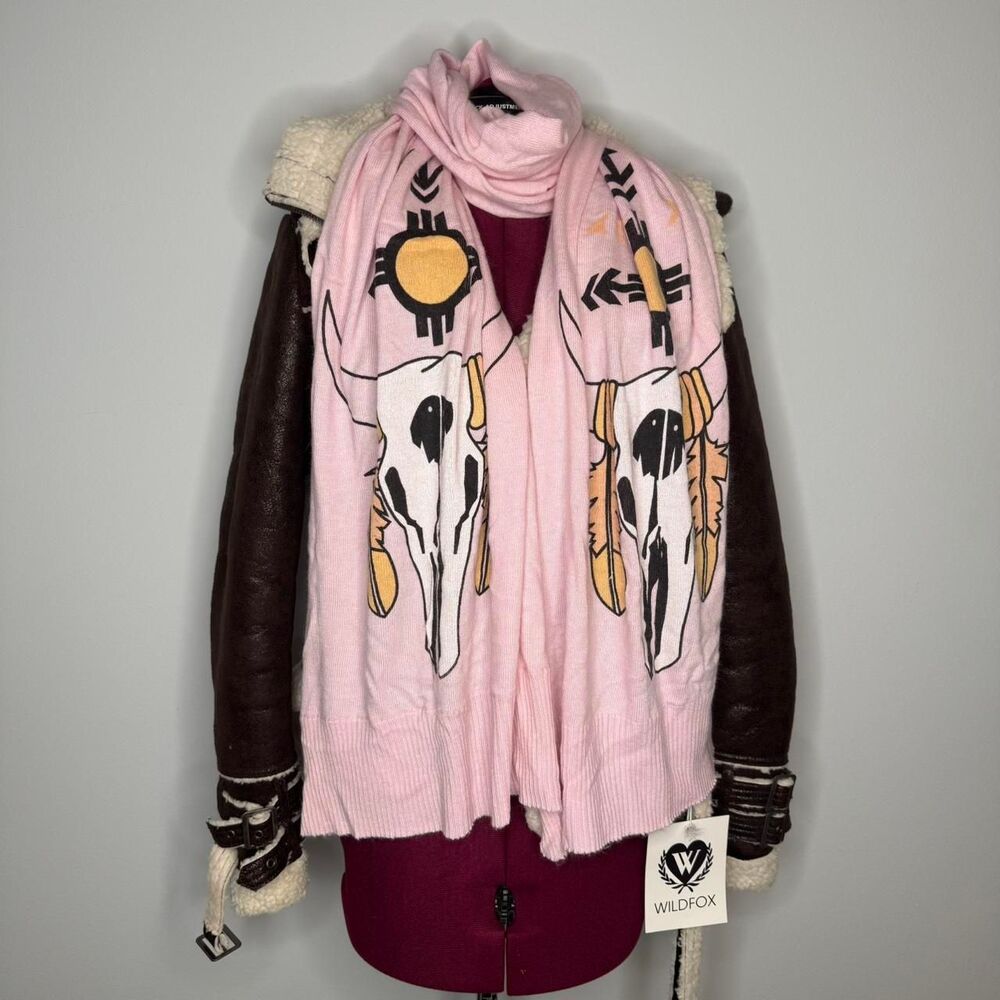 NWT Wildfox Couture Pink Angora Rabbit Hair Scarf with Boho Native Bull Skull